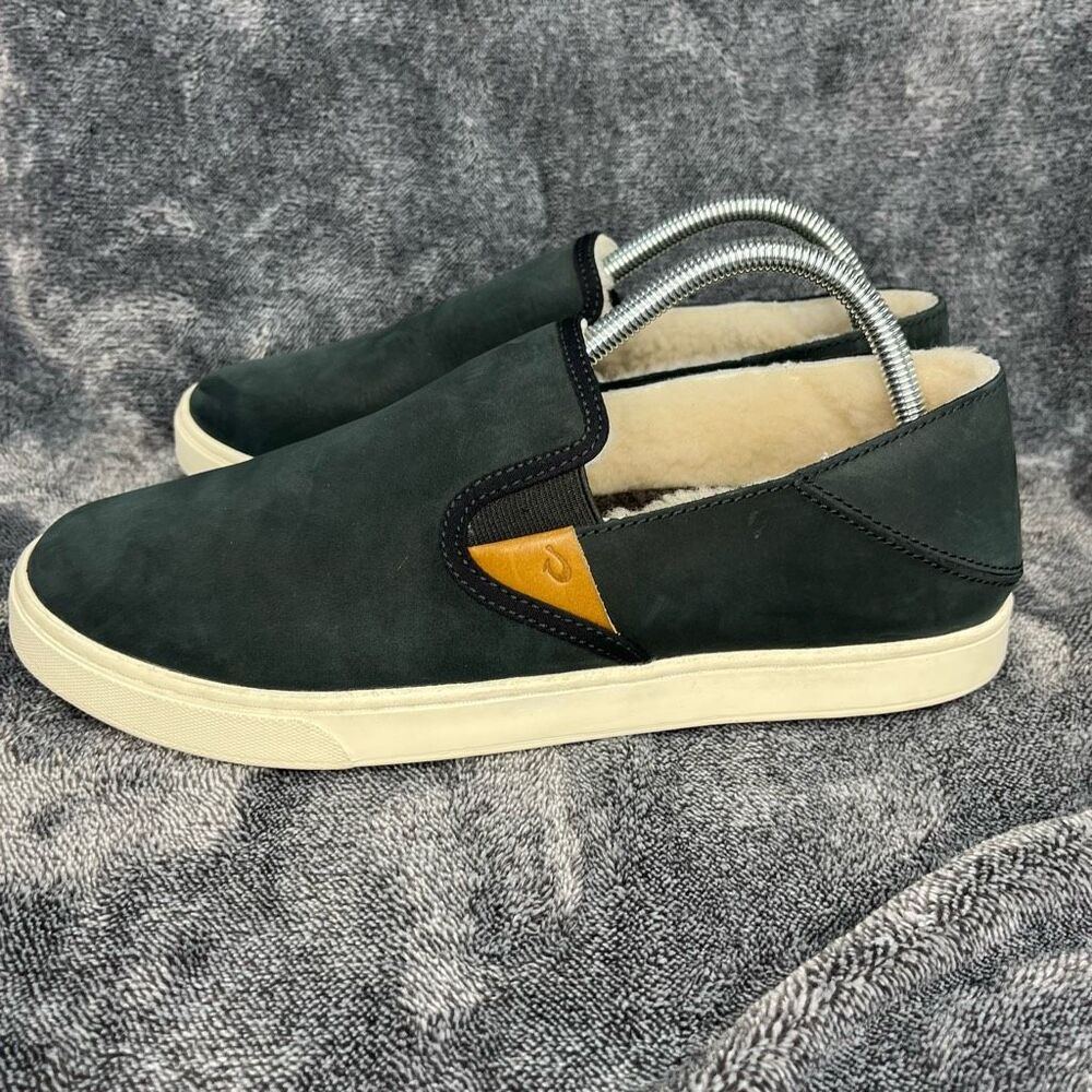 OluKai Pehuea Heu Black Leather Slip-On Genuine Shearing Sheep Fur Womans Size 1